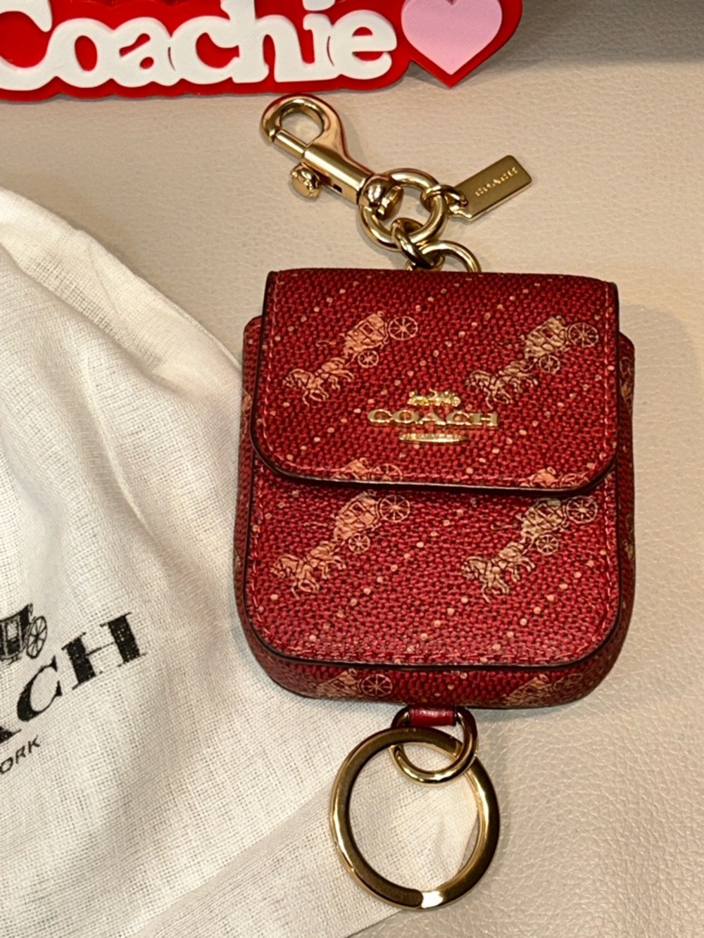 Coach Red Signature Leather Key Pouch with Gold Hardware